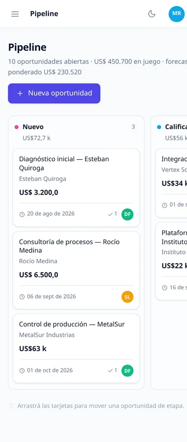 Nimbus CRM pipeline board on mobile