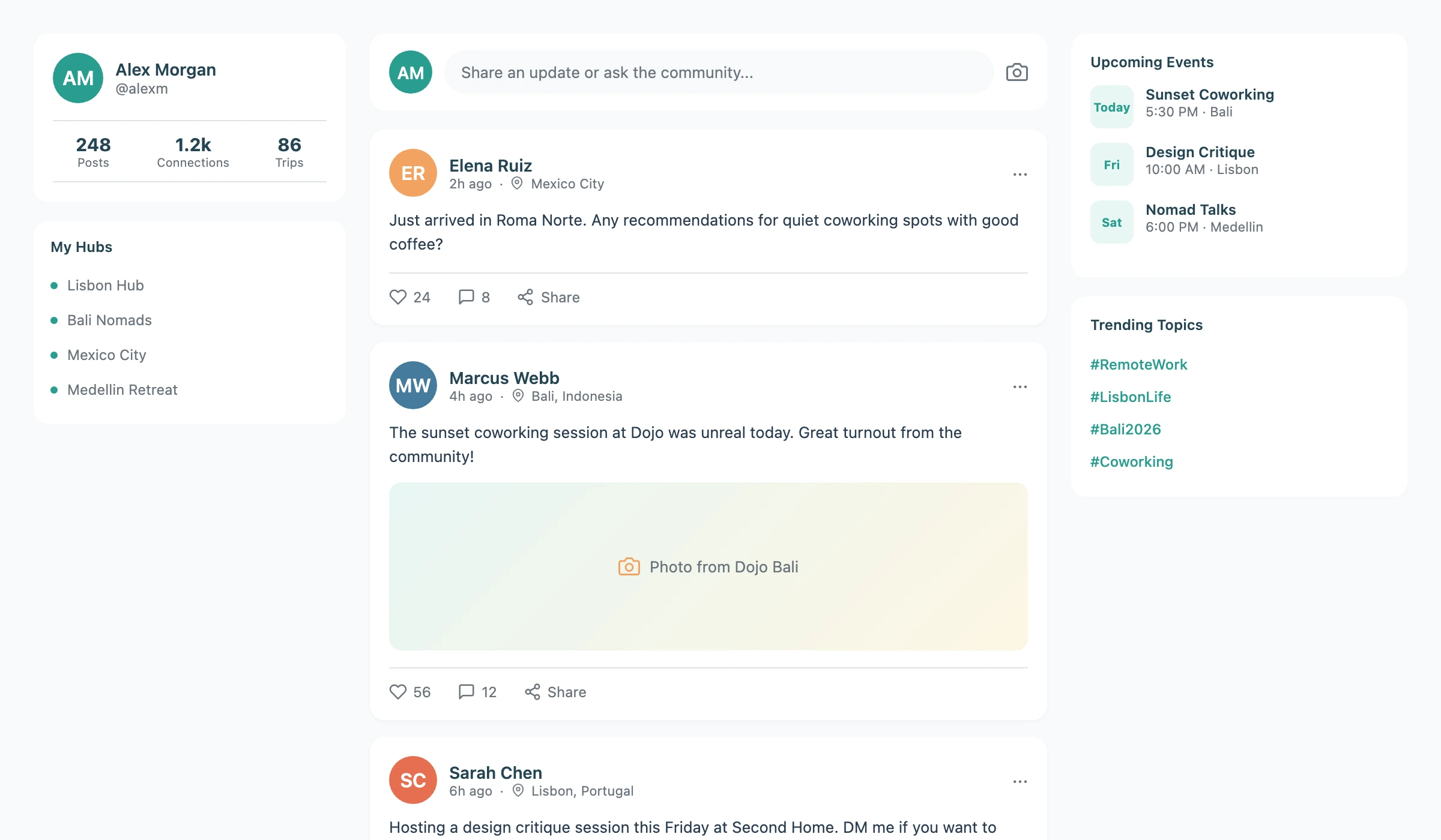 Feed de contenido con publicaciones, comentarios y anuncios de eventos
