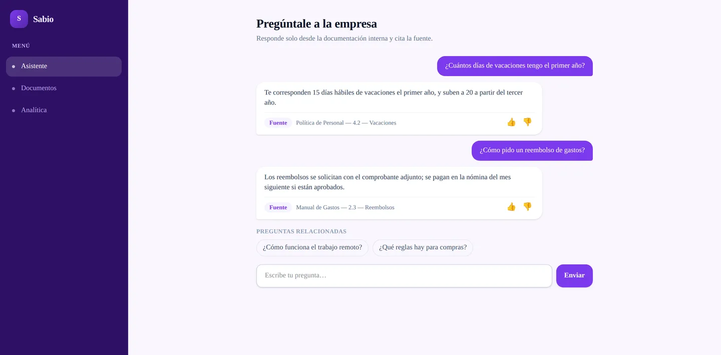 Sabio assistant answering questions about vacation days and expense reimbursement, each answer citing its source document and section