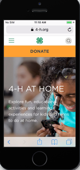 4-h at home responsive view on iPhone SE. Creating a microsite in two weeks.
